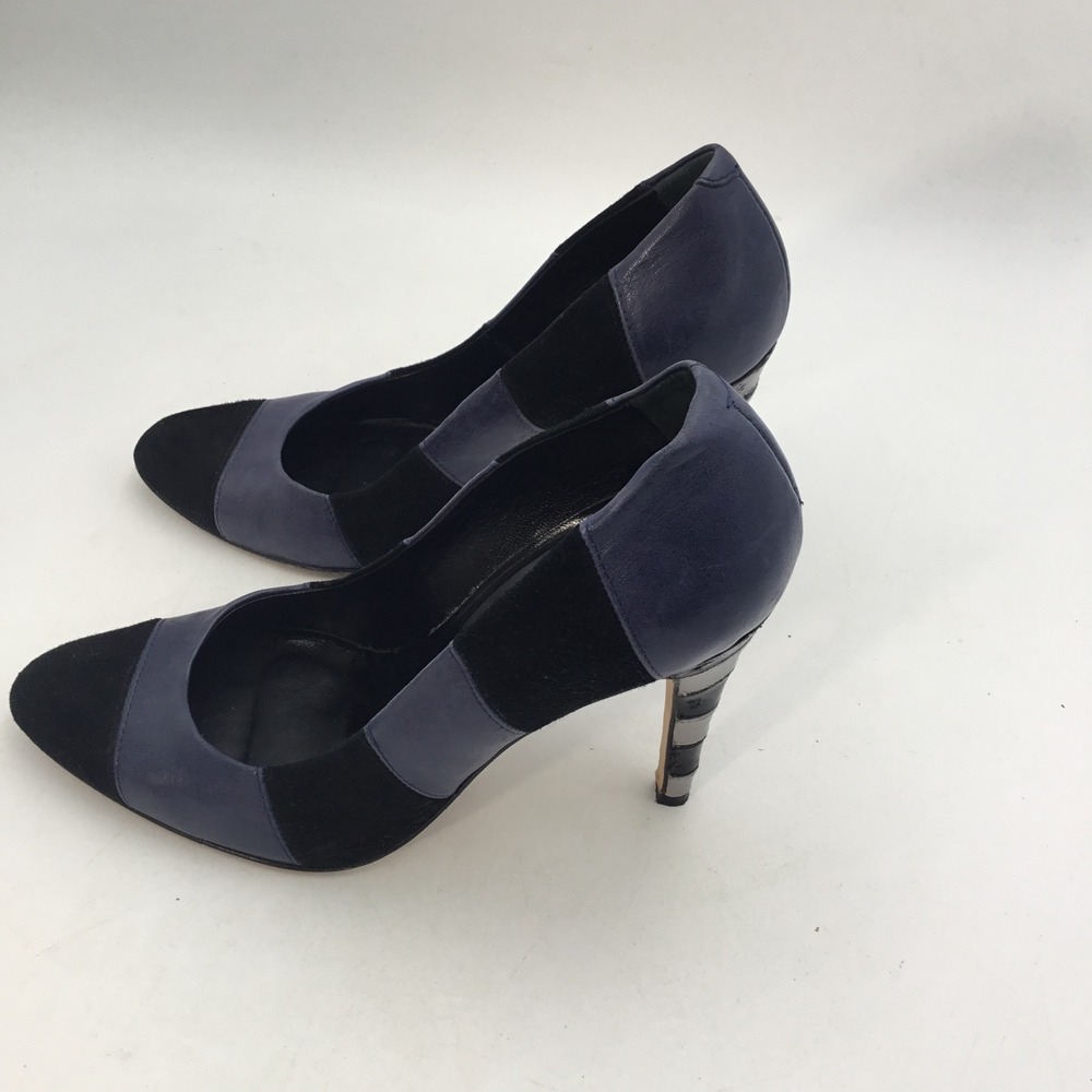 Karen Millen Navy Black Colorblock Suede Leather Striped Heel Pumps Italy 40 - Picture 4 of 8
